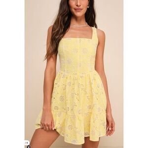 NWT Lulus Bright Personality Yellow Sunflower Eyelet Dress Square Neck Ruffle M
